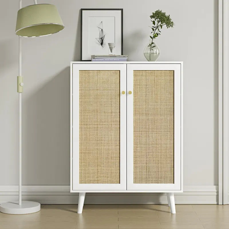 Anmytek Modern 2-Door Rattan Buffet Sideboard Kitchen Storage Cabinet for Living Room