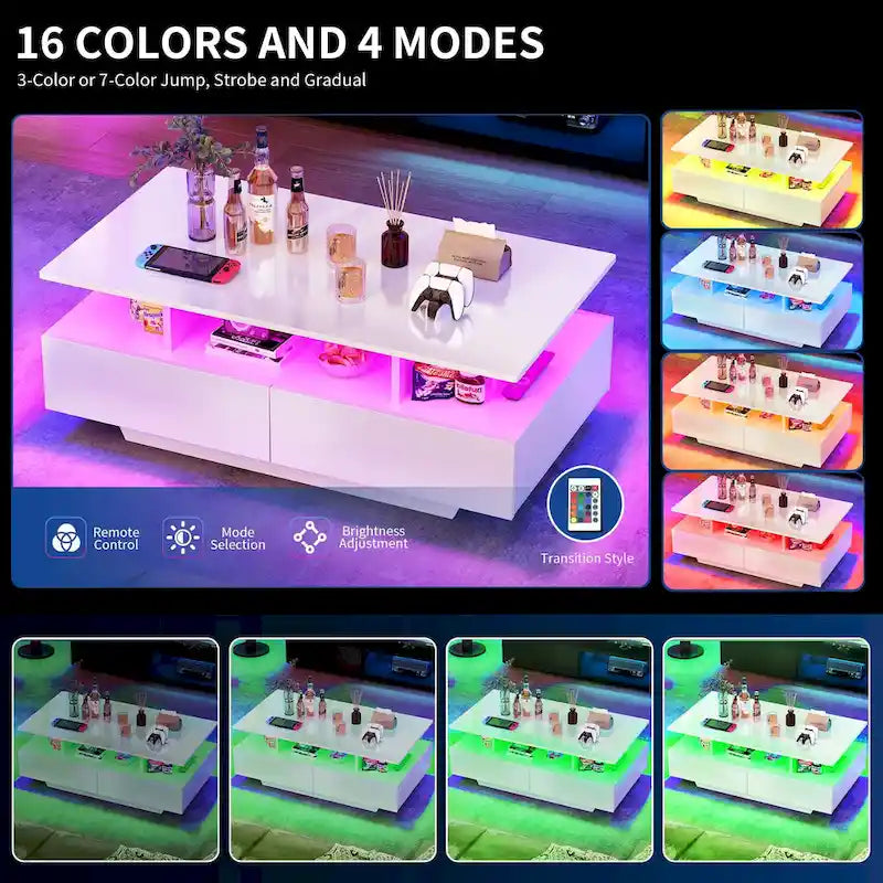 Moasis Modern Glossy Coffee Table with Drawers & LED Lights for Living Room