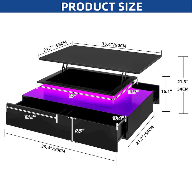 Moasis Modern Glossy Coffee Table with Drawers & LED Lights for Living Room
