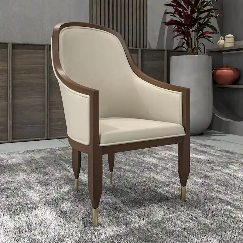 Leather Dining Chair with Arms with Rubberwood Frame Belle Series by LeisureMod