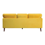 Bard 81 Inch Sofa, Yellow Velvet, Reversible Cushions, Dark Brown Wood