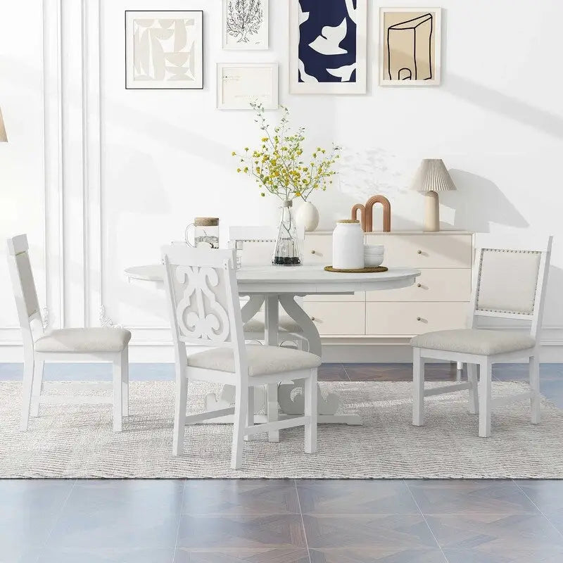 5-Piece Retro Functional Dining Set, 1 Extendable Table with a 16-inch Leaf and 4 Upholstered Chairs for Dining Room and Kitchen