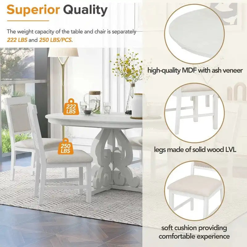 5-Piece Retro Functional Dining Set, 1 Extendable Table with a 16-inch Leaf and 4 Upholstered Chairs for Dining Room and Kitchen