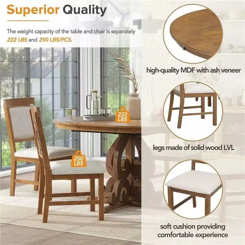 5-Piece Retro Functional Dining Set, 1 Extendable Table with a 16-inch Leaf and 4 Upholstered Chairs for Dining Room and Kitchen