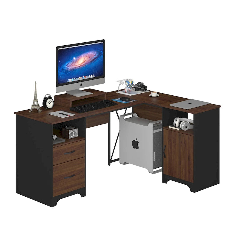 63 L Shaped Home Office Desk with File&Storage Drawers and Cabinet, Computer Desk with Monitor Stand and Open Compartments