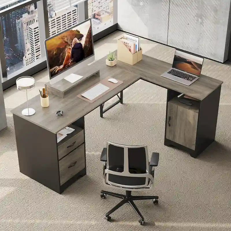 63 L Shaped Home Office Desk with File&Storage Drawers and Cabinet, Computer Desk with Monitor Stand and Open Compartments
