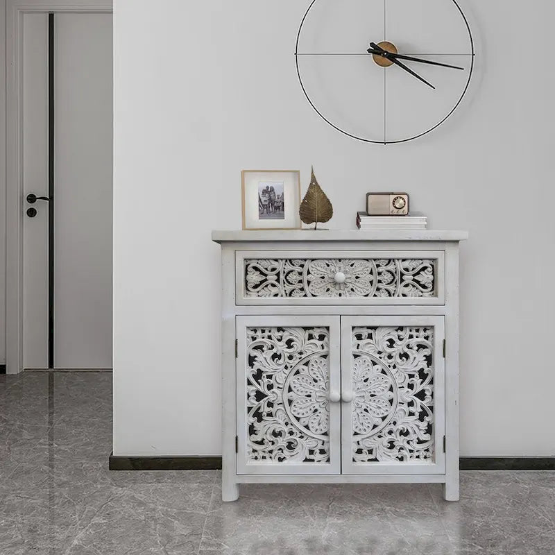 Rustic Hollow-Carved Wood Storage Cabinet with 1 Drawer and 2 Doors, Antique White, 31 H - 27.6 x 13.8 x 31