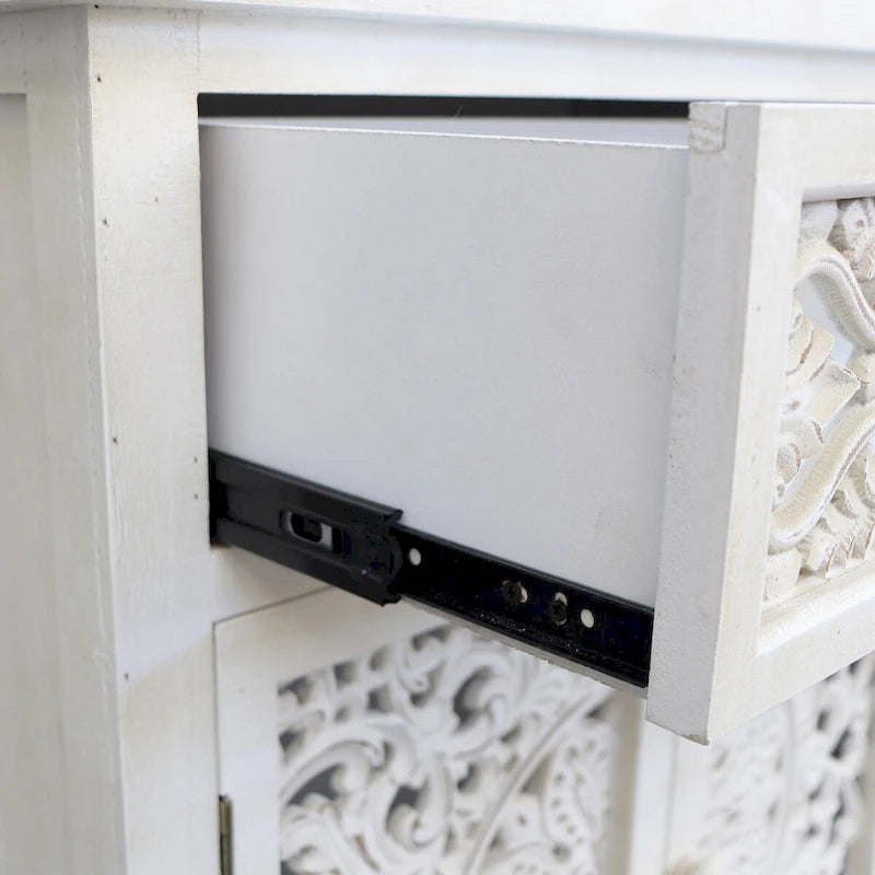 Rustic Hollow-Carved Wood Storage Cabinet with 1 Drawer and 2 Doors, Antique White, 31 H - 27.6 x 13.8 x 31