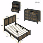 4-Piece Bedroom Set: Farmhouse Platform Bed, Nightstand, and Dresser with Metal Handles