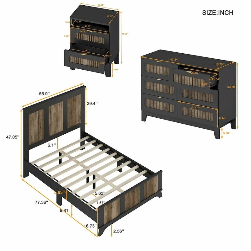 4-Piece Bedroom Set: Farmhouse Platform Bed, Nightstand, and Dresser with Metal Handles