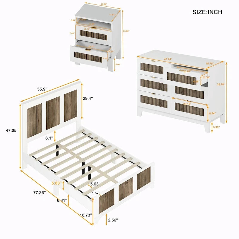 4-Piece Bedroom Set: Farmhouse Platform Bed, Nightstand, and Dresser with Metal Handles