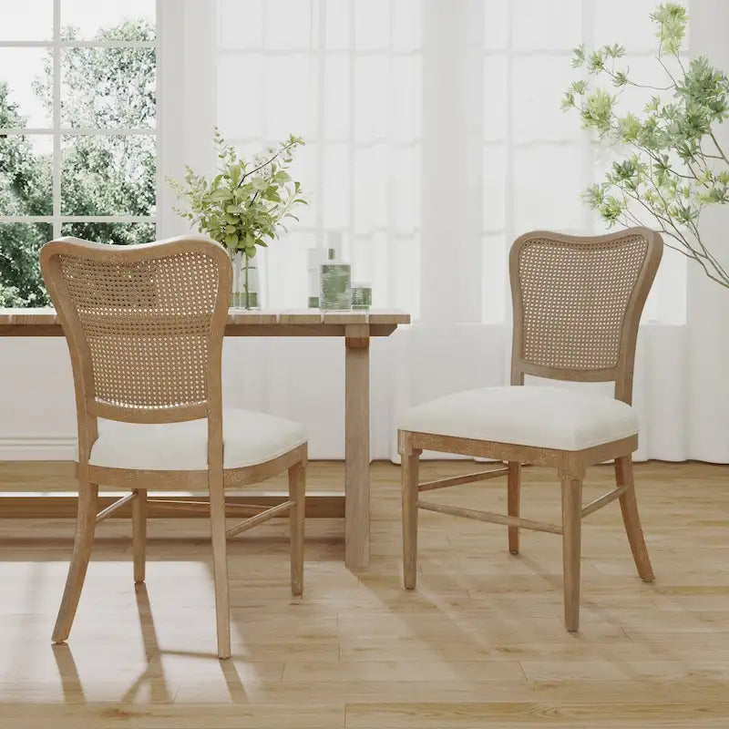 Farmhouse-style rubberwood dining chairs with rattan backrests (two chairs per set).