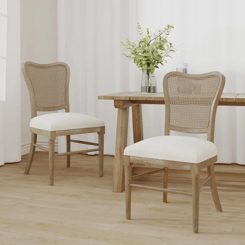 Farmhouse-style rubberwood dining chairs with rattan backrests (two chairs per set).