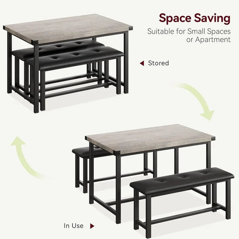 Dining Table Set for 4, Kitchen Table with 2 Upholstered Benches