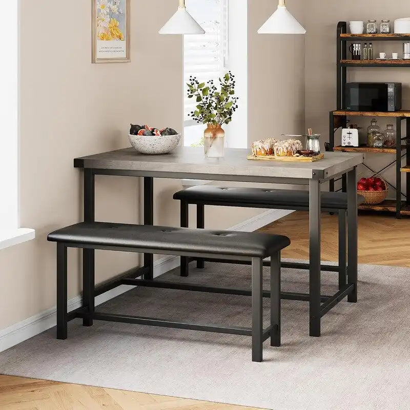 Dining Table Set for 4, Kitchen Table with 2 Upholstered Benches