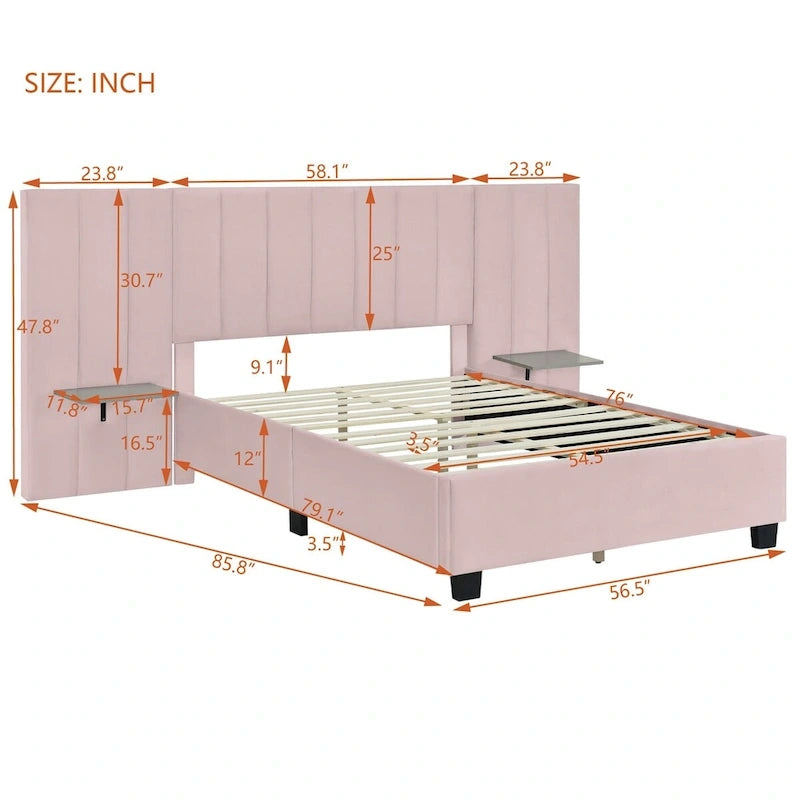 Full Size Upholstered Platform Bed with Big Headboard