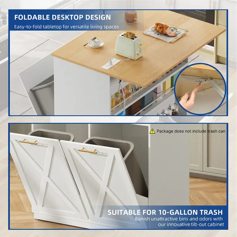 Kitchen Island Drop Leaf with Double Tilt Out Trash Cabinet
