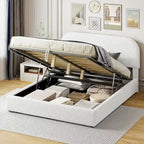 Teddy Fleece Platform Bed - Hydraulic Storage - Queen/Full - Beige/White