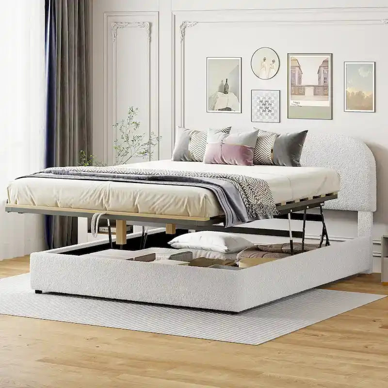 Teddy Fleece Platform Bed - Hydraulic Storage - Queen/Full - Beige/White