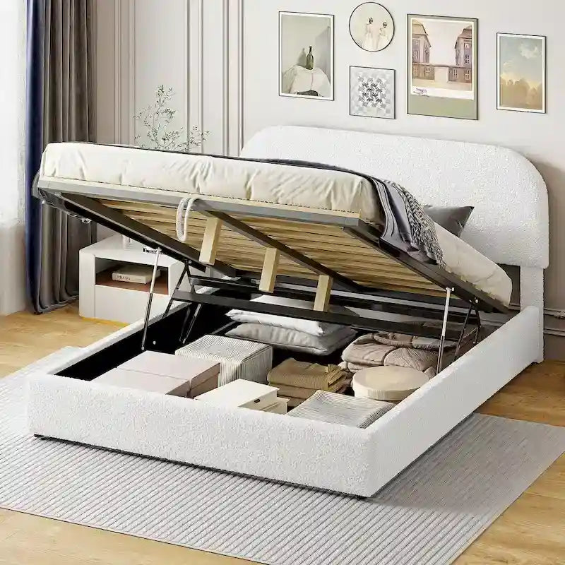 Teddy Fleece Platform Bed - Hydraulic Storage - Queen/Full - Beige/White