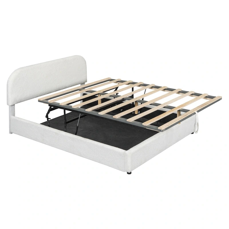 Teddy Fleece Platform Bed - Hydraulic Storage - Queen/Full - Beige/White