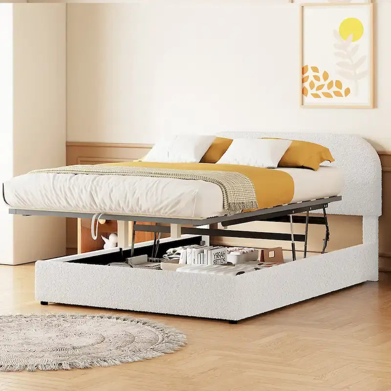 Teddy Fleece Platform Bed - Hydraulic Storage - Queen/Full - Beige/White