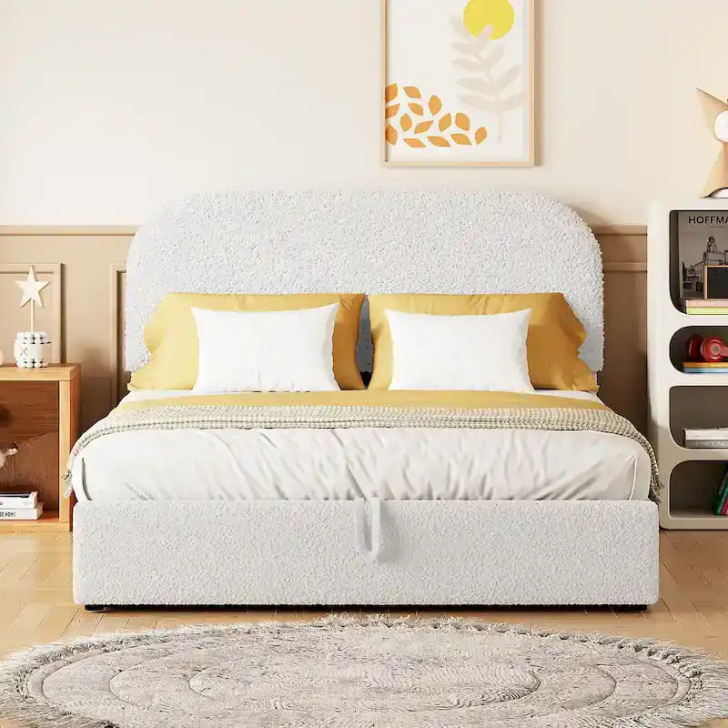 Teddy Fleece Platform Bed - Hydraulic Storage - Queen/Full - Beige/White