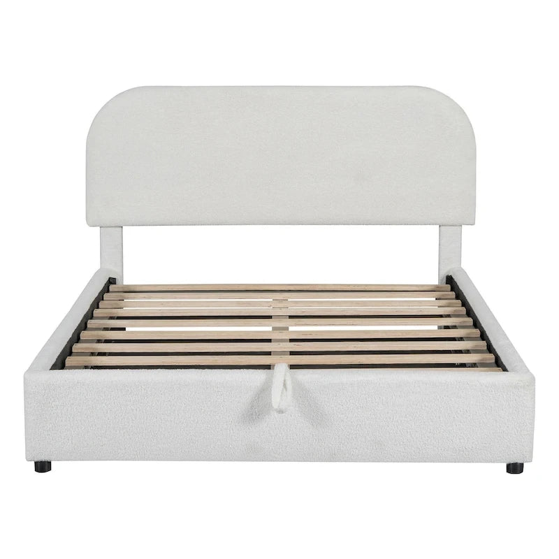 Teddy Fleece Platform Bed - Hydraulic Storage - Queen/Full - Beige/White