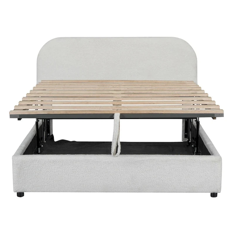 Teddy Fleece Platform Bed - Hydraulic Storage - Queen/Full - Beige/White