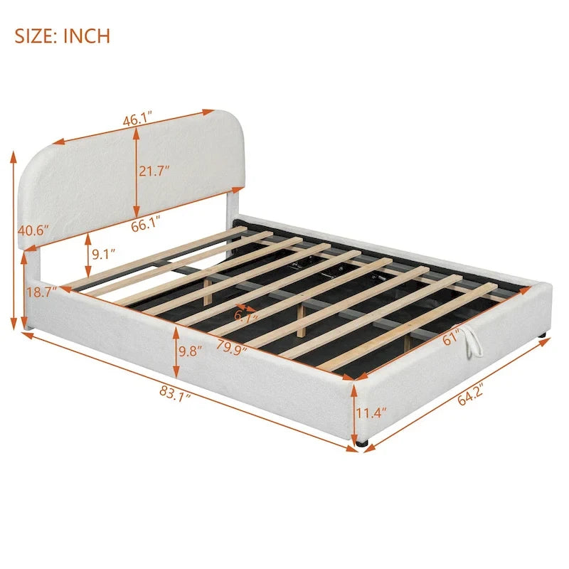 Teddy Fleece Platform Bed - Hydraulic Storage - Queen/Full - Beige/White