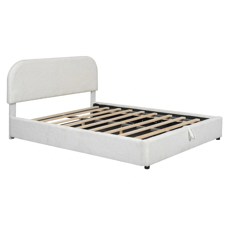Teddy Fleece Platform Bed - Hydraulic Storage - Queen/Full - Beige/White