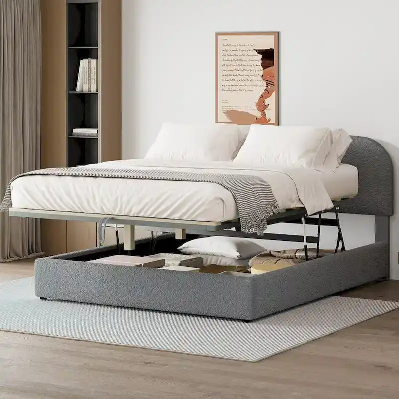 Teddy Fleece Platform Bed - Hydraulic Storage - Queen/Full - Beige/White