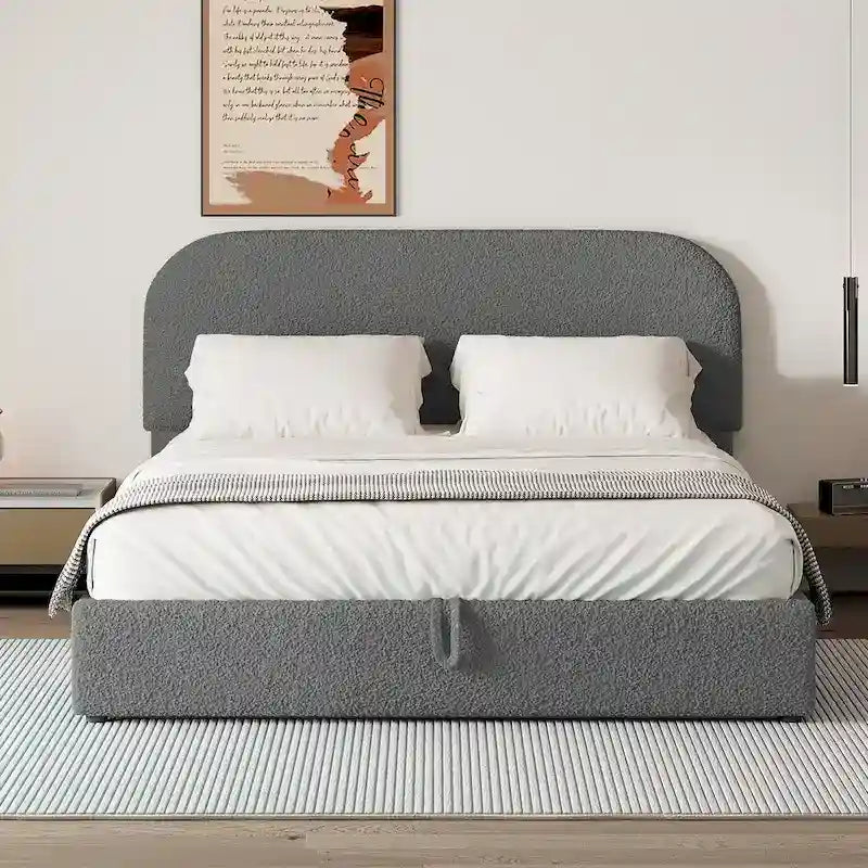 Teddy Fleece Platform Bed - Hydraulic Storage - Queen/Full - Beige/White