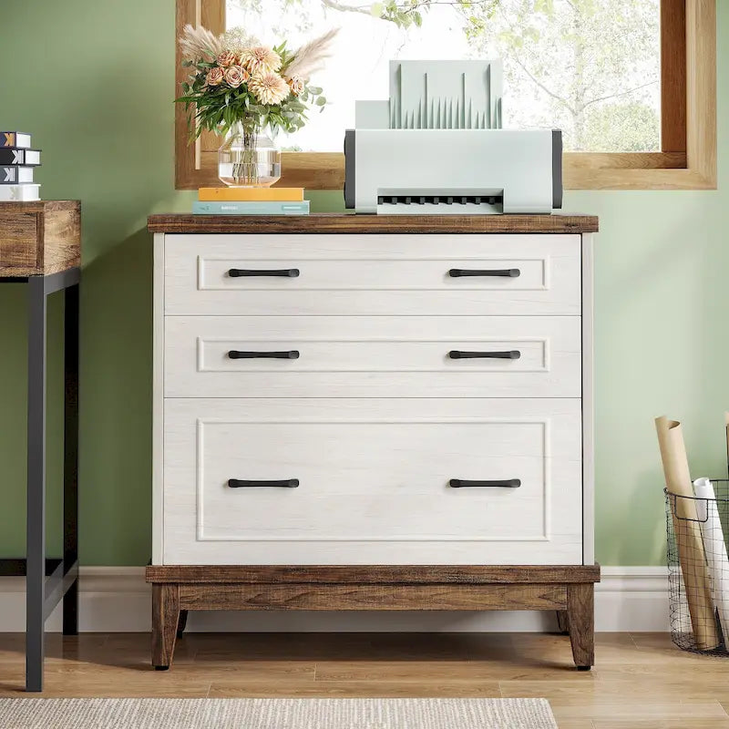 White & Walnut Lateral File Cabinet - 3 Drawers - A4/Letter/Legal Size