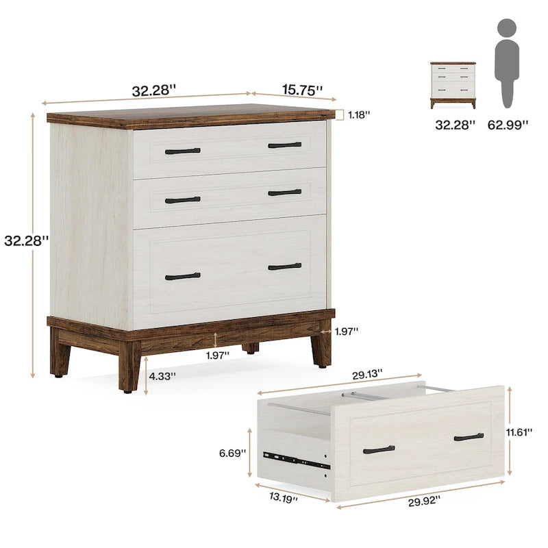 White & Walnut Lateral File Cabinet - 3 Drawers - A4/Letter/Legal Size