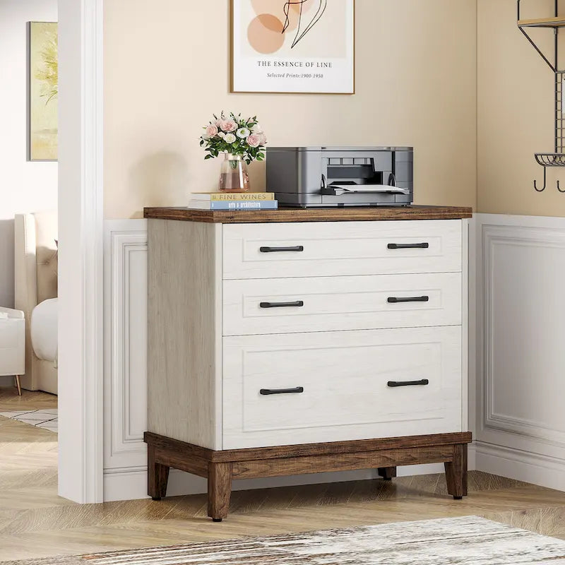 White & Walnut Lateral File Cabinet - 3 Drawers - A4/Letter/Legal Size