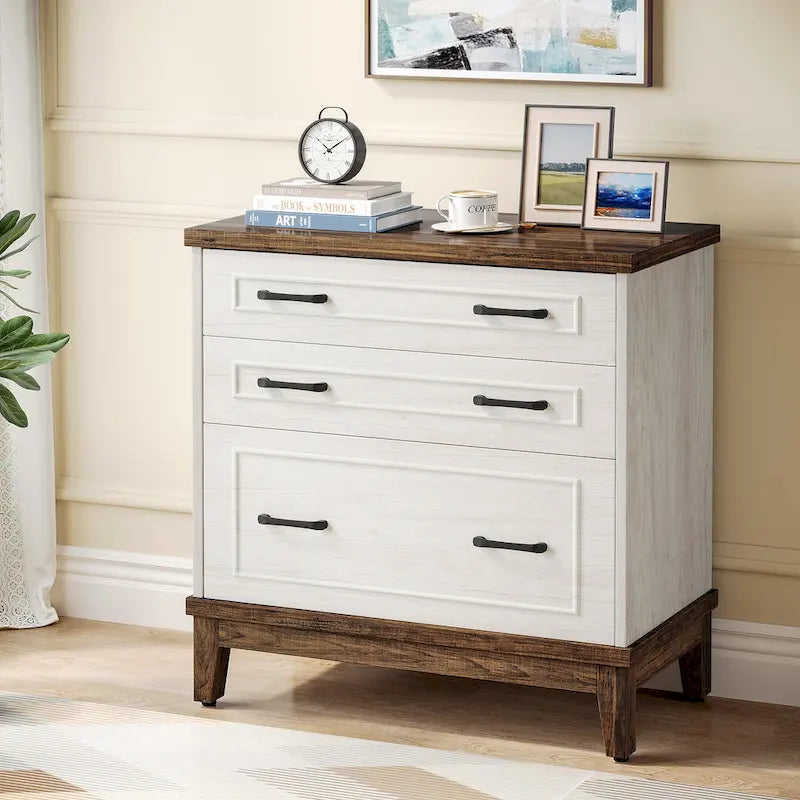 White & Walnut Lateral File Cabinet - 3 Drawers - A4/Letter/Legal Size
