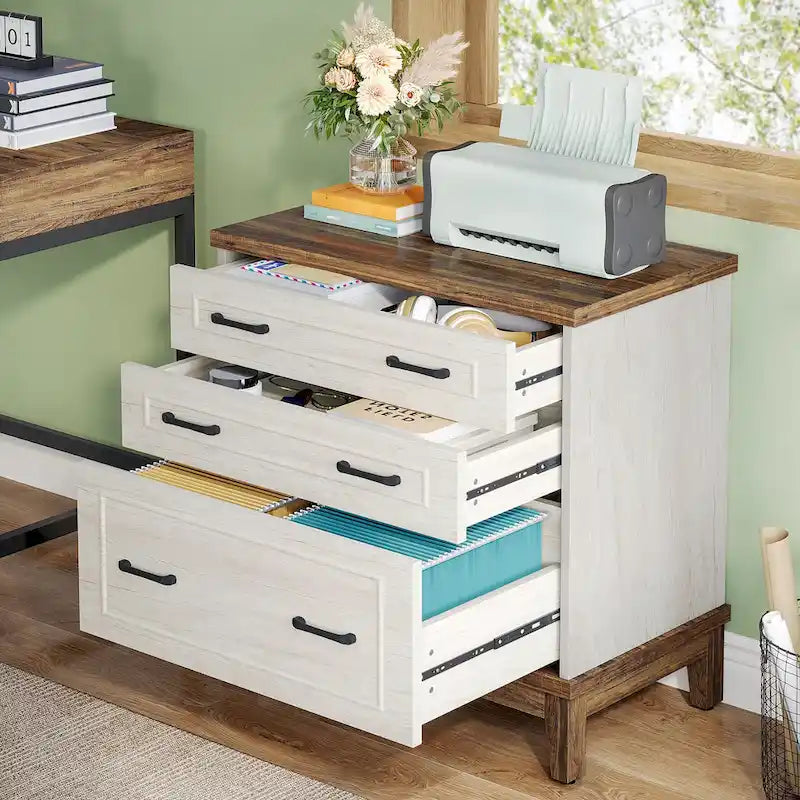 White & Walnut Lateral File Cabinet - 3 Drawers - A4/Letter/Legal Size