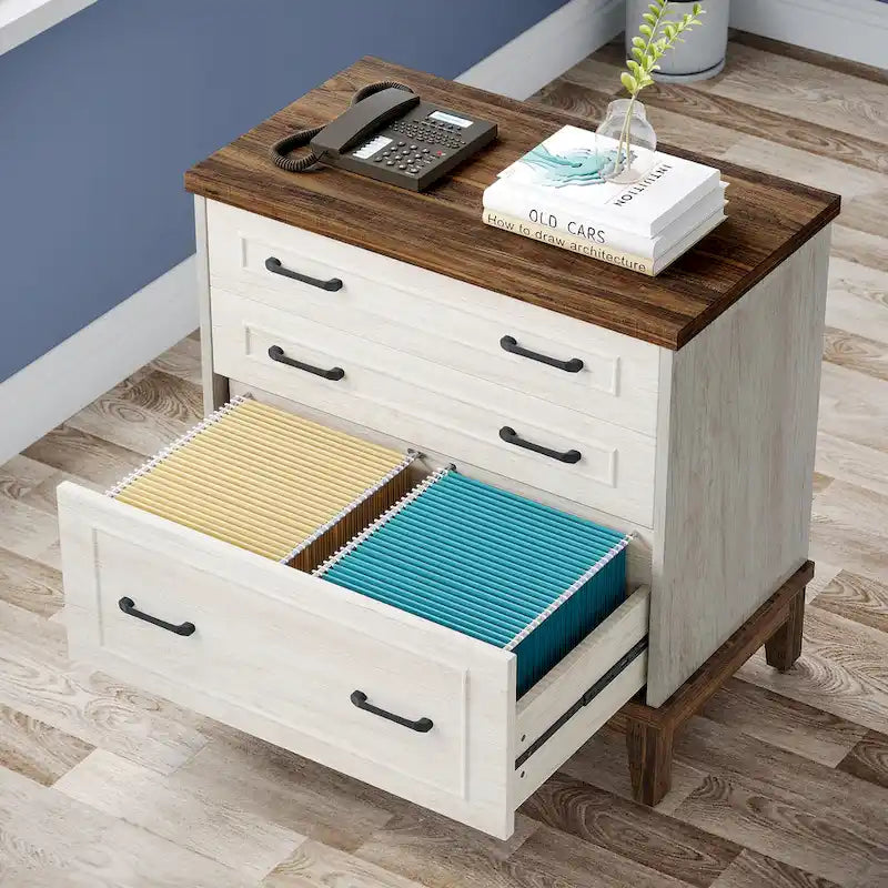 White & Walnut Lateral File Cabinet - 3 Drawers - A4/Letter/Legal Size