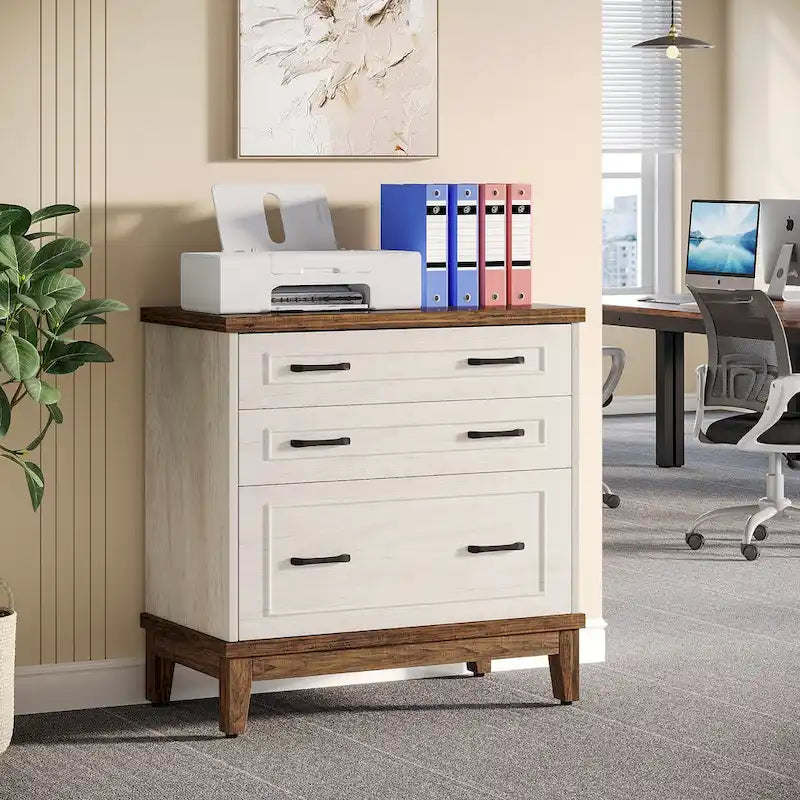 White & Walnut Lateral File Cabinet - 3 Drawers - A4/Letter/Legal Size