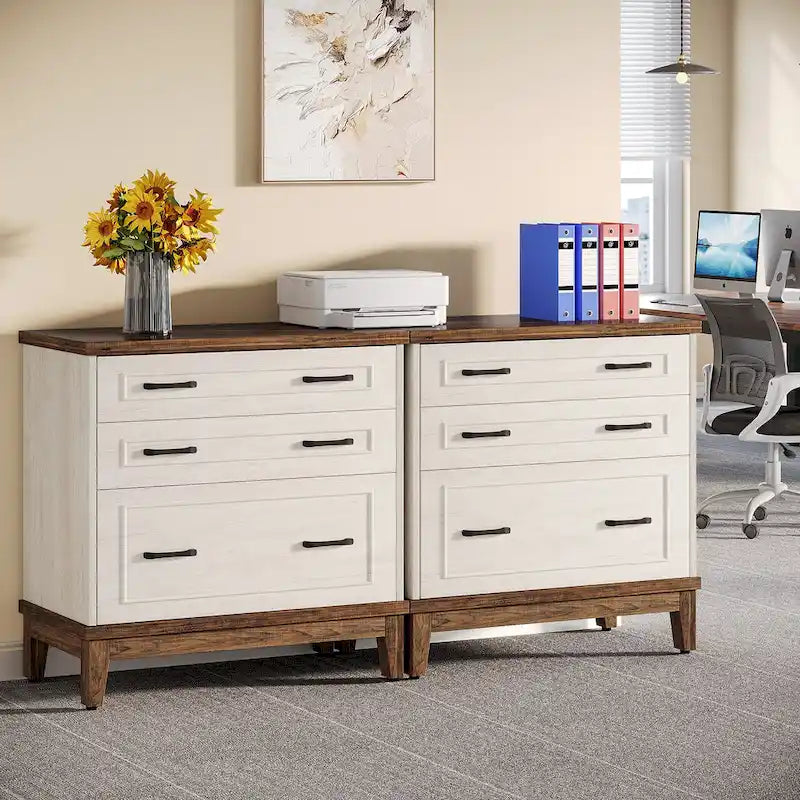 White & Walnut Lateral File Cabinet - 3 Drawers - A4/Letter/Legal Size