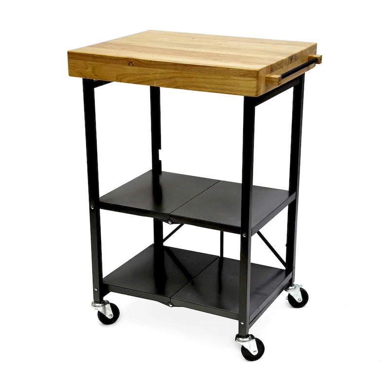 Origami Foldable Wheeled Portable Solid Wood Top Kitchen Island Bar Cart, Silver