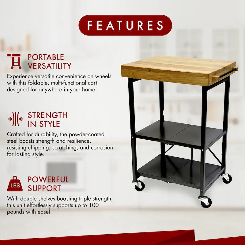 Origami Foldable Wheeled Portable Solid Wood Top Kitchen Island Bar Cart, Silver