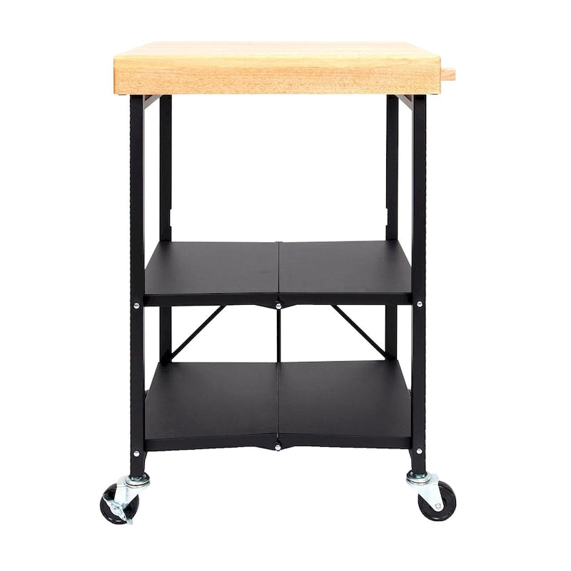 Origami Foldable Wheeled Portable Solid Wood Top Kitchen Island Bar Cart, Silver
