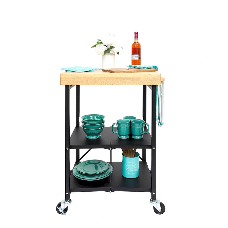 Origami Foldable Wheeled Portable Solid Wood Top Kitchen Island Bar Cart, Silver