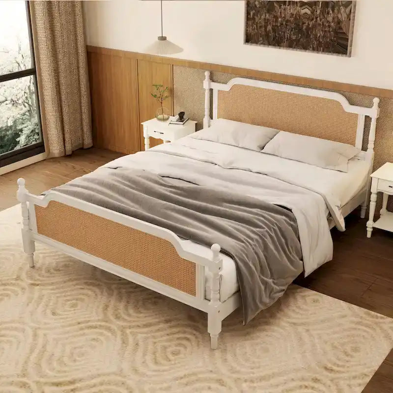 Natural Rattan Queen Bed Frame - Pine Wood - No Box Spring Needed