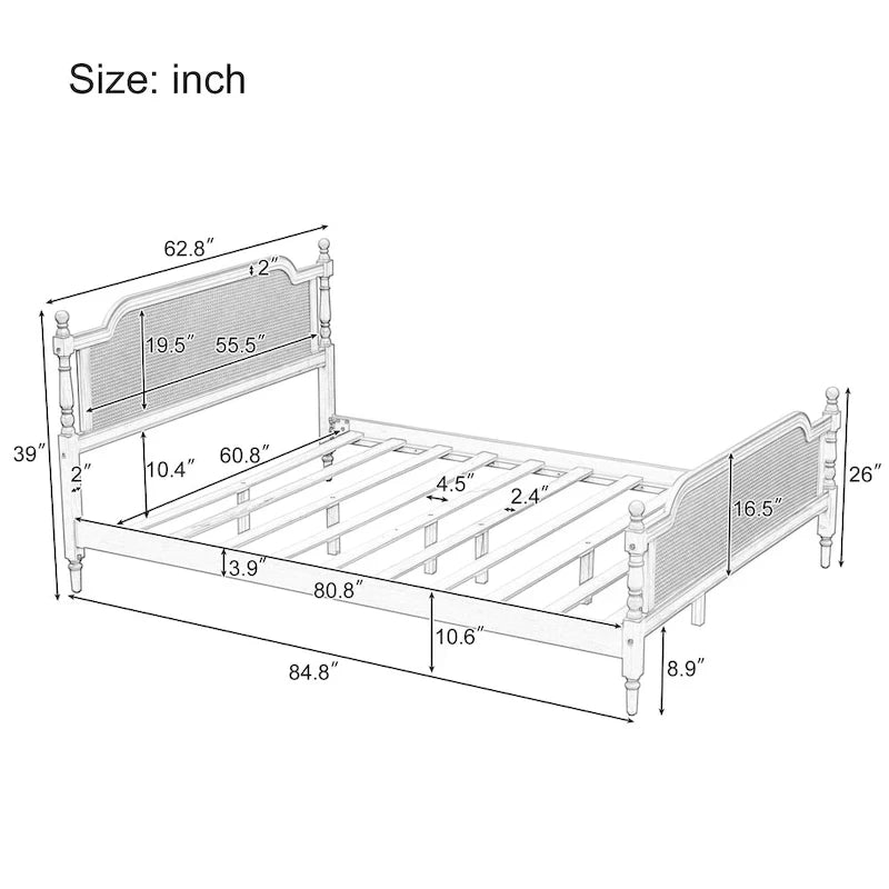 Natural Rattan Queen Bed Frame - Pine Wood - No Box Spring Needed