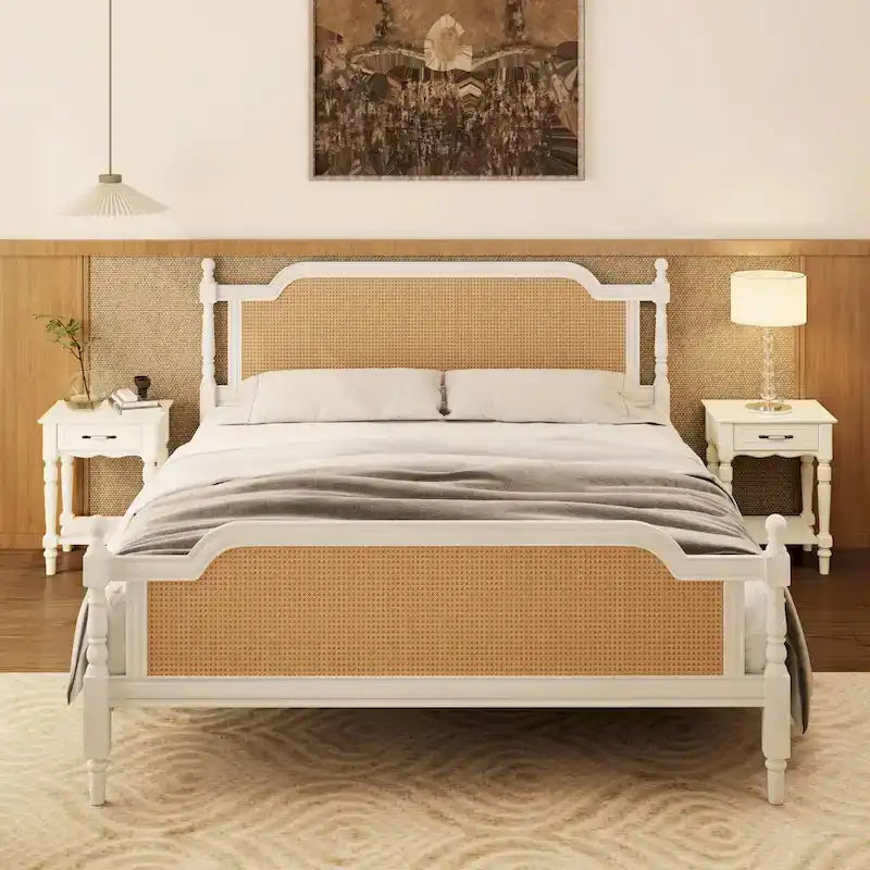 Natural Rattan Queen Bed Frame - Pine Wood - No Box Spring Needed