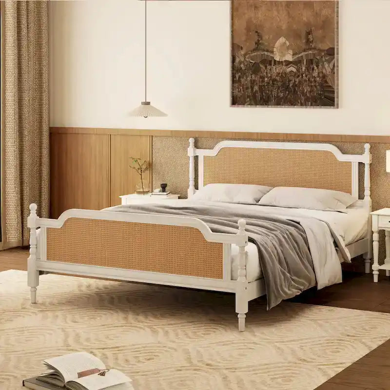 Natural Rattan Queen Bed Frame - Pine Wood - No Box Spring Needed