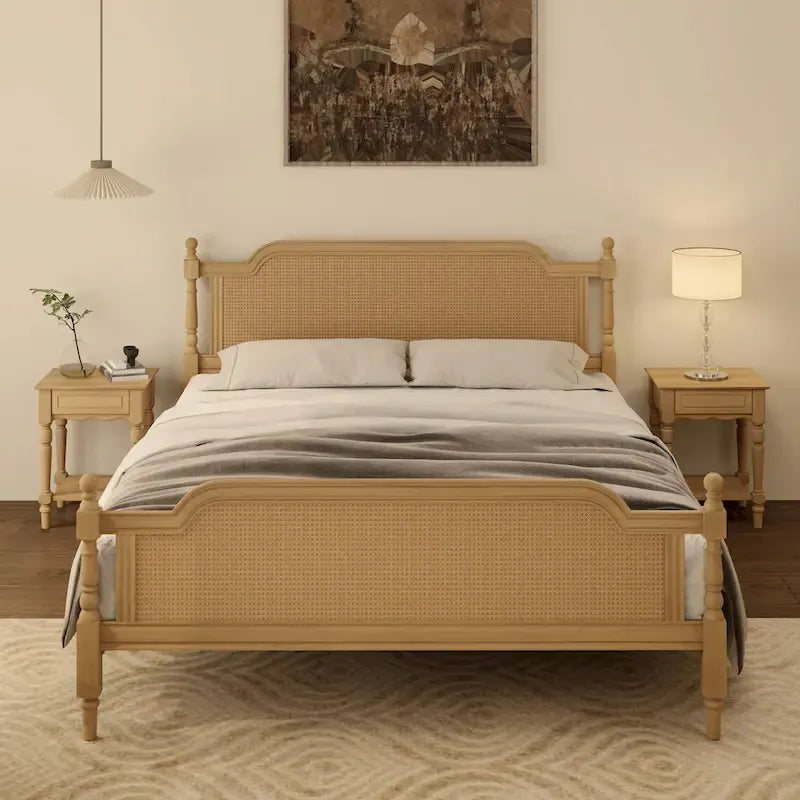 Natural Rattan Queen Bed Frame - Pine Wood - No Box Spring Needed